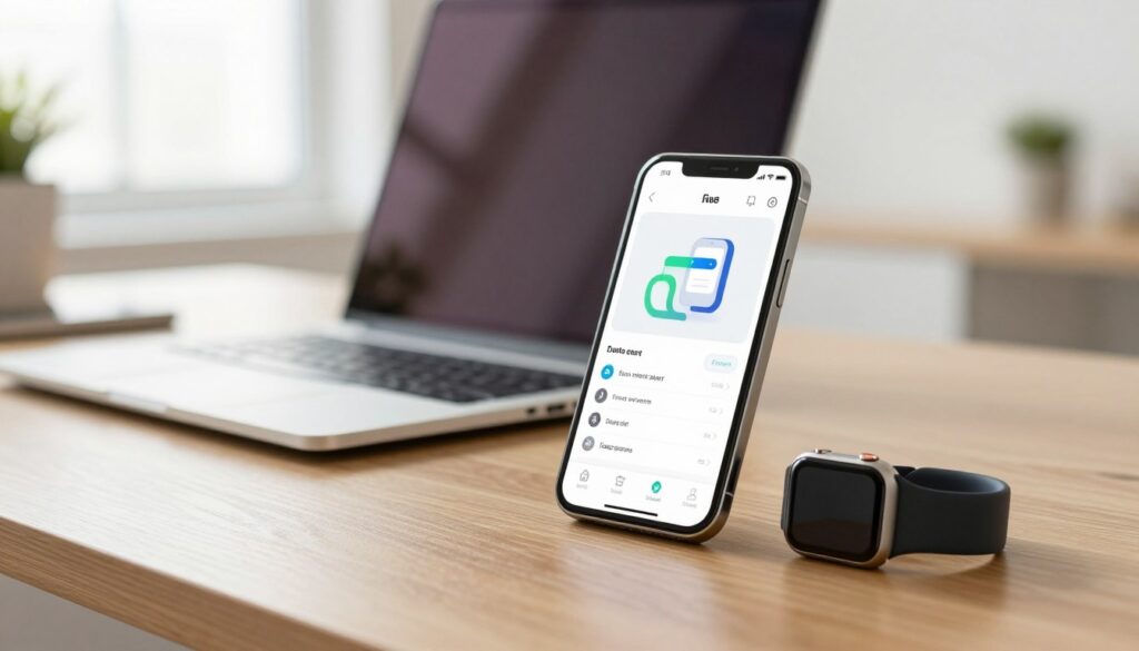 A modern smartphone displaying a user-friendly smartwatch application interface on its screen, in the foreground. The smartphone is placed on a sleek wooden desk, with a smartwatch lying beside it, both reflecting a clean, minimalist design. In the middle ground, a softly blurred laptop can be seen with additional tech elements, conveying a connected workspace. The background features a bright, airy room with natural light streaming in through a large window, creating a warm and inviting atmosphere. The overall mood is efficient and focused, perfect for tech enthusiasts. The scene is captured with a shallow depth of field to emphasize the smartphone and smartwatch, with soft focus on the background to enhance clarity and detail on the app interface.