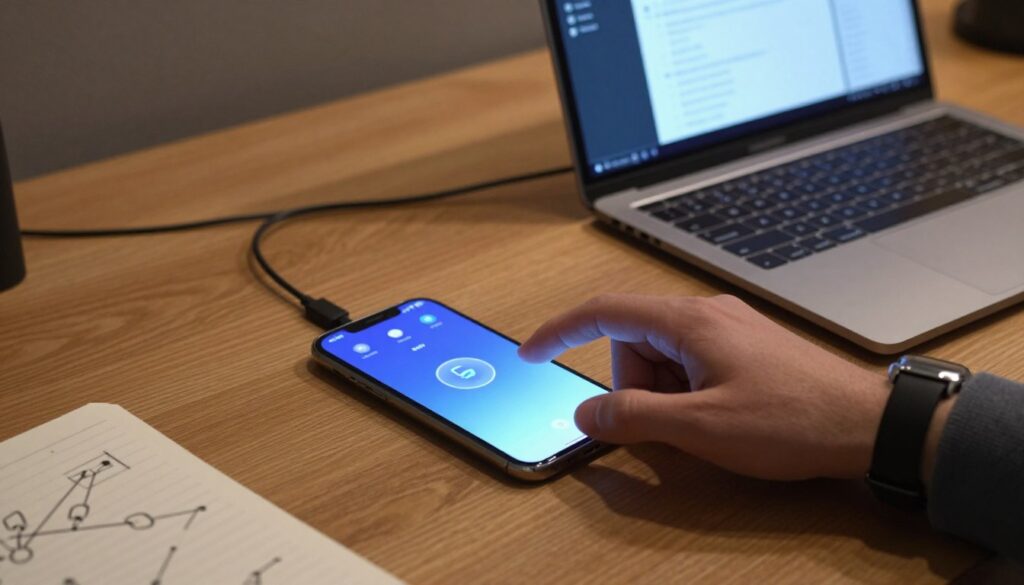 A modern smartphone resting on a sleek wooden desk, displaying a vivid screen with connection icons. In the foreground, a male hand, wearing a professional watch, is reaching out towards the phone, indicating an attempt to connect it to a laptop nearby. The laptop screen is slightly illuminated, showcasing various file transfer options. The desk is adorned with a USB cable and a notebook with sketches of connection methods. In the background, soft ambient lighting casts a warm glow, creating a focused and tech-savvy atmosphere. The scene is captured from a slightly elevated angle, emphasizing both the smartphone and the hand, highlighting the theme of troubleshooting connections.