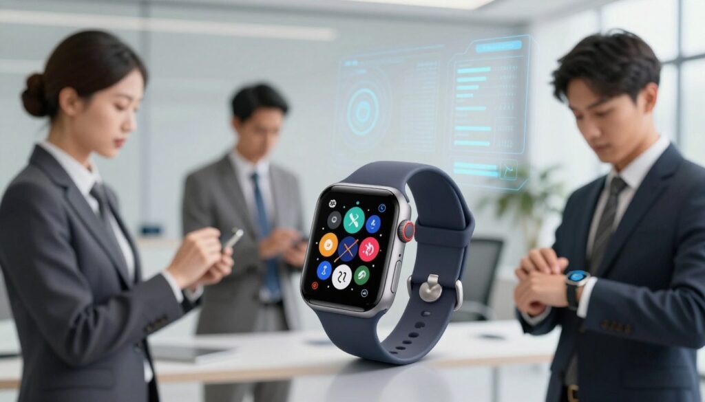 A modern smartwatch and its various applications displayed prominently in the foreground, with a sleek, futuristic background featuring a digital interface overlay. The smartwatch screen shows vibrant icons representing different apps for fitness tracking, navigation, and productivity, illuminated by soft blue lighting to create a high-tech ambiance. In the middle ground, blurred figures of professionals in business attire interact with their smartwatches, showcasing a range of possible uses in day-to-day activities. The image conveys an atmosphere of innovation and efficiency, with a clean and polished feel, suggesting that these applications significantly enhance the user experience. The scene is captured from a slightly elevated angle to provide a comprehensive view of the watch and its applications.