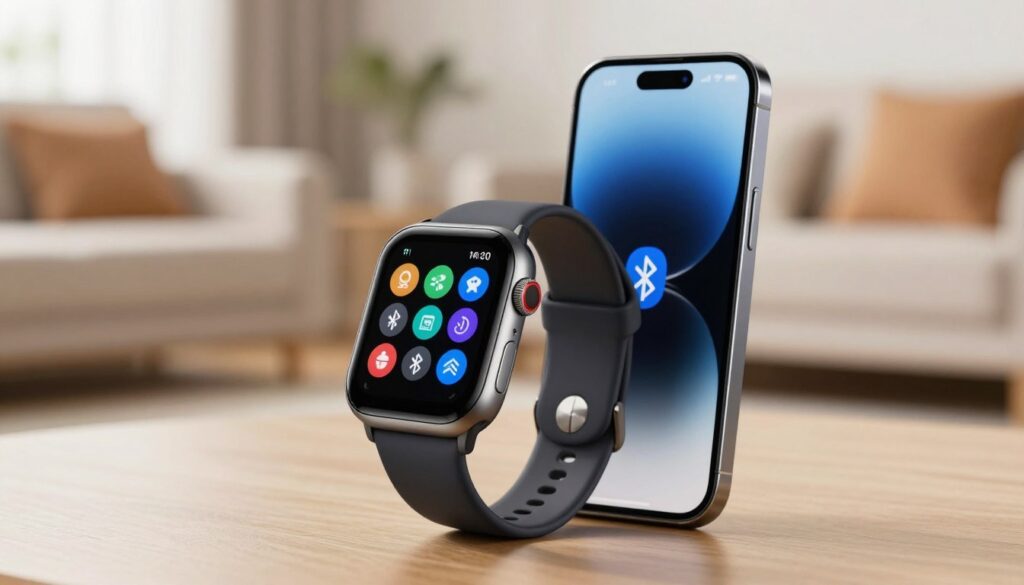 A modern smartwatch displayed prominently in the foreground, showcasing its sleek design and glowing touch screen. Next to it, a latest smartphone, both devices connected via a visible Bluetooth symbol. The background features a soft-focus home environment, suggesting a cozy living room with warm lighting. A close-up shot with a slight tilt to capture the details of the smartwatch's interface, emphasizing connectivity options on the screen. The mood is tech-savvy and inviting, illustrating a moment of user interaction. The lighting is bright yet soft, highlighting the devices' features without harsh shadows. Ensure all elements are clean and professional, with no text or branding visible.