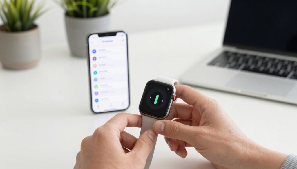 A modern smartwatch displayed prominently in the foreground, with a focus on its sleek interface showing a synchronization progress bar. Nearby, a smartphone is visible, showcasing a clear, user-friendly app interface designed for syncing with the watch. In the middle ground, a hand is depicted gently holding the smartwatch, emphasizing the interaction between the devices. The background features a soft-focus image of a stylish, minimalistic workspace, complete with a laptop and potted plants, to convey a professional atmosphere. The lighting is bright and natural, creating a sense of clarity and modernity. The overall mood is efficient and tech-savvy, ideal for illustrating a practical guide on data synchronization between devices.