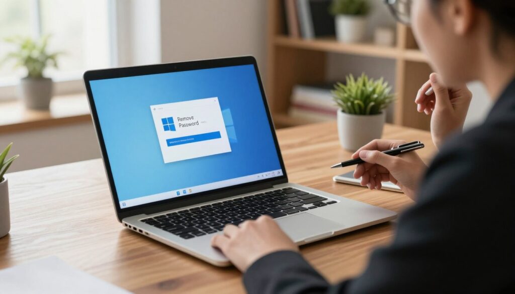 A modern workspace featuring a laptop on a sleek wooden desk, displaying the Windows login screen. The laptop's screen should show a prominent 'Remove Password' option, highlighted in a soft blue. In the foreground, a person in a smart, professional outfit is focused on their task, looking thoughtfully at the screen while holding a pen in their hand, suggesting a sense of productivity. The background includes a well-organized bookshelf with a few tech-related books and a small potted plant, adding a touch of greenery. Soft, natural lighting filters through a nearby window, creating a warm and inviting atmosphere. The image should convey a sense of clarity and focus on the process of password removal in Windows, emphasizing a serious yet approachable mood.