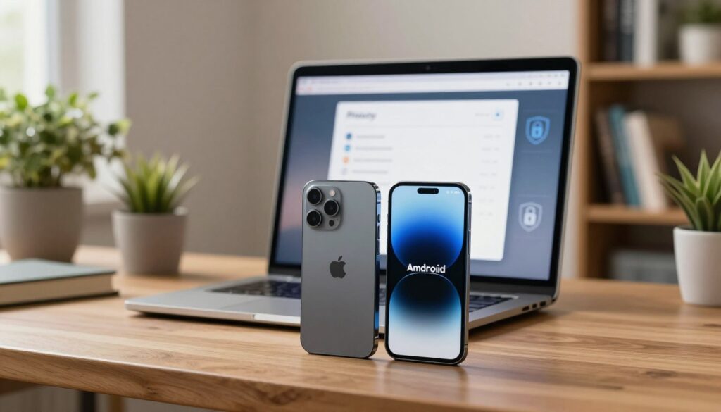 A modern workspace featuring a sleek Apple iPhone and an Android smartphone side by side on a wooden desk. In the foreground, emphasize the phones with a slight focus blur to highlight their designs, showcasing the Apple logo on the iPhone and a recognizable brand on the Android device. The middle ground includes a laptop screen displaying privacy settings, surrounded by subtle hints of security graphics like locks and shields. The background is softly lit, with warm tones to create a reassuring atmosphere, featuring potted plants and a bookshelf filled with technology books. The overall mood is professional and secure, encapsulating the theme of device safety and privacy in a contemporary setting.