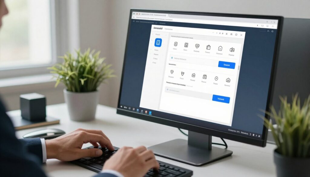 A modern workspace showcasing a computer screen displaying a software interface for uninstalling programs. In the foreground, a pair of hands in professional business attire are navigating the interface, selecting applications to uninstall. The middle ground features the computer, with a clear view of the icons and options available on the screen. In the background, there's a tidy desk with a potted plant and some tech gadgets, evoking a clean and organized digital environment. Soft, natural lighting filters in from a nearby window, creating a calm and focused atmosphere. The angle is slightly tilted to create depth, emphasizing the interaction with the computer. The overall mood is productive and efficient, reflecting the theme of optimizing computer performance.