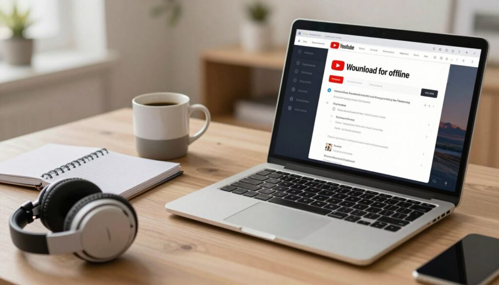 A modern workstation featuring a sleek laptop open to the YouTube Premium interface, showcasing the 'download for offline' feature prominently displayed on the screen. In the foreground, a pair of wireless headphones rests beside the laptop, indicating a focus on music listening. The middle layer includes a stylish coffee mug and some neatly organized notes about music downloading, reflecting a productive atmosphere. The background should show a well-lit room with a cozy, minimalist decor, evoking a sense of comfort and creativity. Soft, warm lighting enhances the inviting atmosphere, with a shallow depth of field to draw attention to the laptop screen and accessories. The overall mood is professional yet relaxed, suitable for a tech-savvy audience interested in digital music solutions.