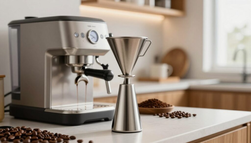 A polished and modern coffee funnel ("lejek kawy") elegantly positioned in the foreground, allowing coffee grounds to seamlessly flow into a sleek coffee machine. The funnel is made of stainless steel, reflecting soft kitchen lighting that enhances its shine and outlines its contours. In the middle ground, a well-organized coffee station featuring a high-quality coffee maker, an array of coffee beans, and a clean countertop, all orthogonally arranged to show the importance of precision in brewing. The background softly fades into a minimalist kitchen with warm wooden accents and soft, natural ambient light filtering through a nearby window, creating a cozy and inviting atmosphere, emphasizing clarity and cleanliness in coffee preparation. The overall mood is serene and focused, accentuating the significance of proper maintenance and functionality in coffee-making. A polished and modern coffee funnel ("lejek kawy") elegantly positioned in the foreground, allowing coffee grounds to seamlessly flow into a sleek coffee machine. The funnel is made of stainless steel, reflecting soft kitchen lighting that enhances its shine and outlines its contours. In the middle ground, a well-organized coffee station featuring a high-quality coffee maker, an array of coffee beans, and a clean countertop, all orthogonally arranged to show the importance of precision in brewing. The background softly fades into a minimalist kitchen with warm wooden accents and soft, natural ambient light filtering through a nearby window, creating a cozy and inviting atmosphere, emphasizing clarity and cleanliness in coffee preparation. The overall mood is serene and focused, accentuating the significance of proper maintenance and functionality in coffee-making.