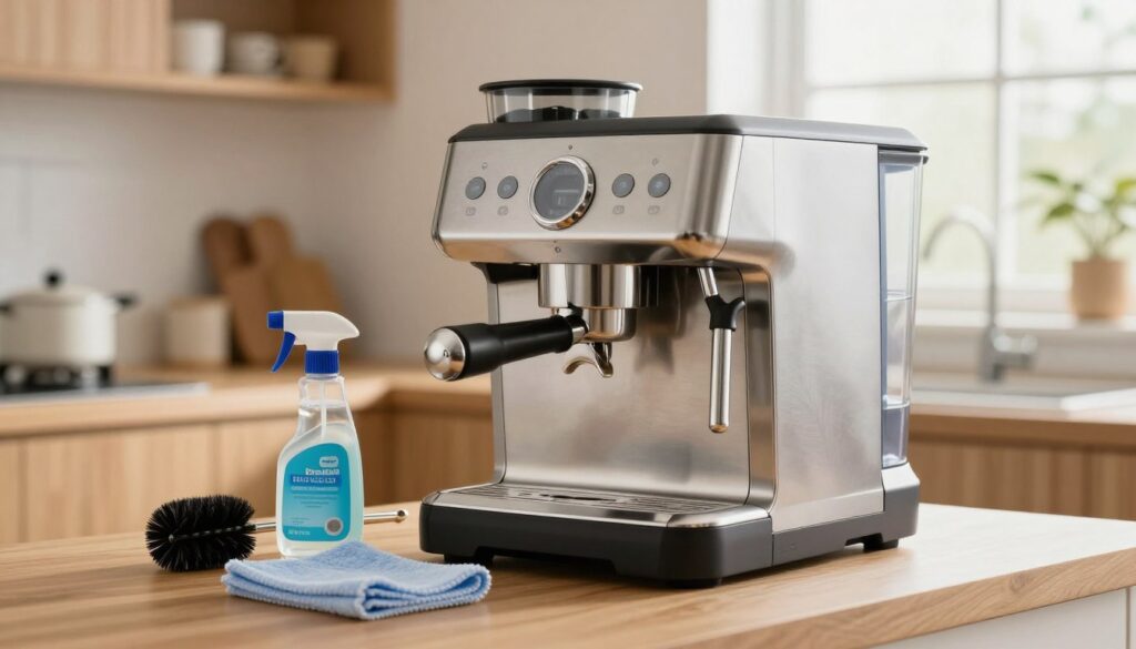 A pristine coffee machine placed prominently in a well-lit kitchen setting, showcasing its sleek stainless steel design. In the foreground, a set of cleaning supplies—like a brush, descaling solution, and a microfiber cloth—are artistically arranged, indicating maintenance tools. The middle ground emphasizes the coffee machine, capturing intricate details such as the water reservoir and brewing components, slightly steaming to suggest recent use. The background features a cozy kitchen atmosphere with light wood cabinetry and soft, natural lighting coming through a window, creating a warm, inviting ambiance. The focus is sharp on the coffee machine, while the surrounding elements are subtly blurred, highlighting the importance of maintenance.
