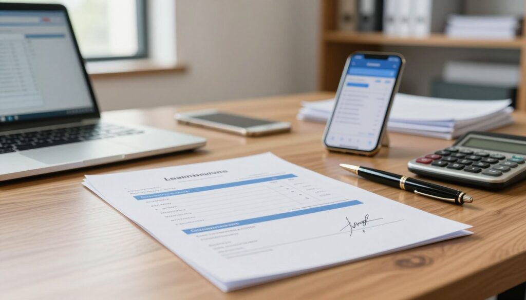 A professional office setting featuring a close-up view of a leasing invoice for a mobile phone. In the foreground, the invoice is neatly placed on a polished wooden desk, highlighting details like monthly payment terms, contract numbers, and signatures, with a calculator and a stylish pen beside it. The middle ground includes a laptop open to a financial spreadsheet, and a smartphone propped up, displaying a leasing app interface. In the background, softly blurred shelves filled with business documents and a window allowing natural light to illuminate the scene. The mood is focused and professional, suggesting a serious business discussion about leasing options for mobile phones. The lighting is bright yet warm, creating an inviting atmosphere.