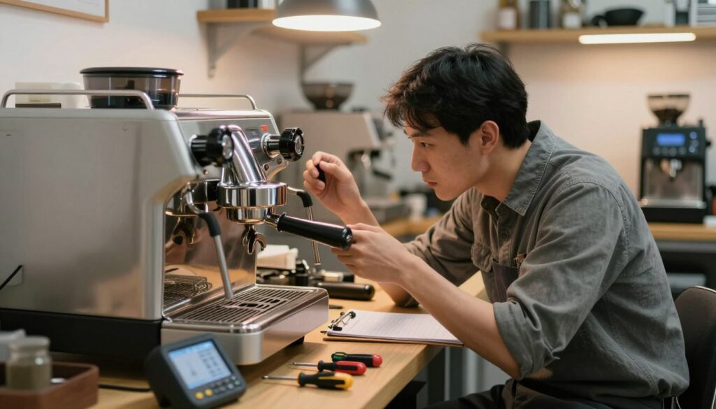 A professional technician in a modest casual outfit carefully inspecting a high-end coffee machine on a workbench. The foreground features intricate details of the espresso machine, showcasing its internal components and tools laid out methodically beside it, such as screwdrivers and diagnostic devices. In the middle, the technician's focused expression captures the seriousness of the repair process, with a clipboard for notes nearby. The background shows a well-organized workshop filled with coffee equipment and parts, with warm overhead lighting creating an inviting atmosphere. The image is taken from a slight angle to emphasize depth, giving an engaging perspective of the repair process, highlighting the theme of door-to-door service.