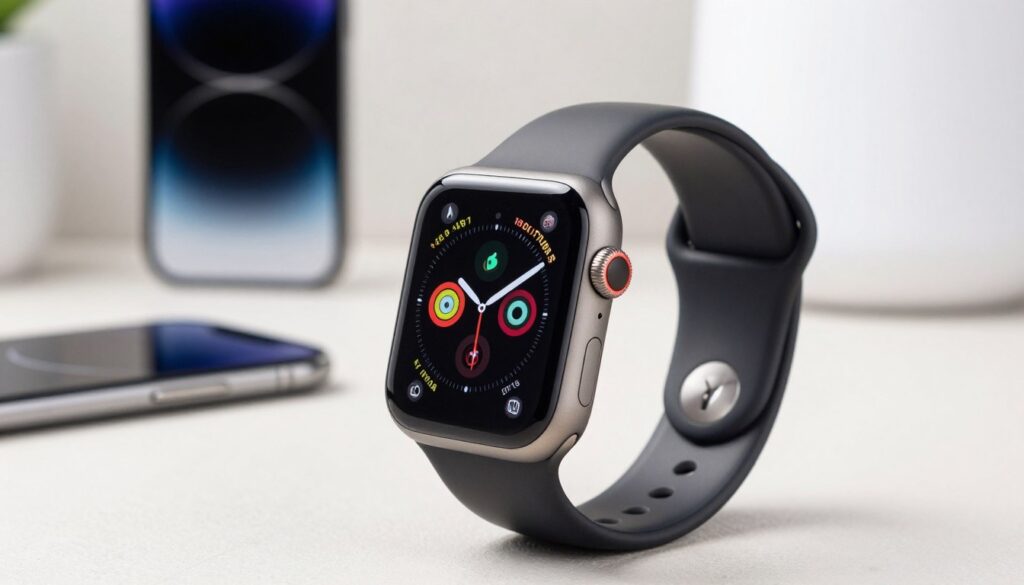 A realistic image of an Apple Watch SE 2 GPS + Cellular prominently displayed in the foreground, showcasing its sleek design with a vibrant display, customizable watch faces, and a durable band. The watch should be angled slightly to showcase both the front and side, highlighting its sporty yet elegant look. In the middle ground, include subtle accessories like a dynamic background featuring modern tech elements such as smartphones or smart home devices, creating an ambiance of innovation. Soft, natural lighting should cast gentle reflections on the watch’s surface, enhancing its features while creating a professional, tech-savvy atmosphere. The background should be softly blurred to keep the focus on the Apple Watch, and the overall mood should convey sophistication and functionality, making it appealing to tech enthusiasts. A realistic image of an Apple Watch SE 2 GPS + Cellular prominently displayed in the foreground, showcasing its sleek design with a vibrant display, customizable watch faces, and a durable band. The watch should be angled slightly to showcase both the front and side, highlighting its sporty yet elegant look. In the middle ground, include subtle accessories like a dynamic background featuring modern tech elements such as smartphones or smart home devices, creating an ambiance of innovation. Soft, natural lighting should cast gentle reflections on the watch’s surface, enhancing its features while creating a professional, tech-savvy atmosphere. The background should be softly blurred to keep the focus on the Apple Watch, and the overall mood should convey sophistication and functionality, making it appealing to tech enthusiasts.