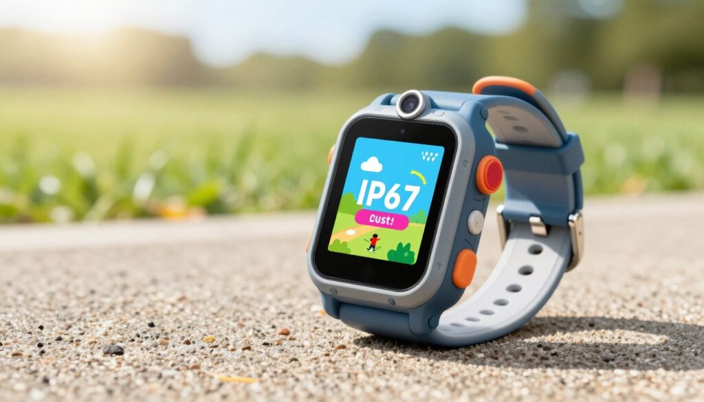 A rugged smartwatch designed for children, showcasing its IP67 water and dust resistance features. In the foreground, display a close-up of the watch's vibrant touchscreen, highlighting its durability and usability. The strap, made of soft, flexible material, wraps comfortably around a child’s wrist, emphasizing comfort and fit. In the middle ground, depict the smartwatch resting on a textured outdoor surface, like gravel or grass, to symbolize adventure and resilience. The background features a bright, sunny park scene, suggesting active playtime. Use natural lighting to enhance the smartwatch's features and textures, capturing a cheerful and optimistic atmosphere that conveys safety and reliability. No text or logos in the image. A rugged smartwatch designed for children, showcasing its IP67 water and dust resistance features. In the foreground, display a close-up of the watch's vibrant touchscreen, highlighting its durability and usability. The strap, made of soft, flexible material, wraps comfortably around a child’s wrist, emphasizing comfort and fit. In the middle ground, depict the smartwatch resting on a textured outdoor surface, like gravel or grass, to symbolize adventure and resilience. The background features a bright, sunny park scene, suggesting active playtime. Use natural lighting to enhance the smartwatch's features and textures, capturing a cheerful and optimistic atmosphere that conveys safety and reliability. No text or logos in the image.