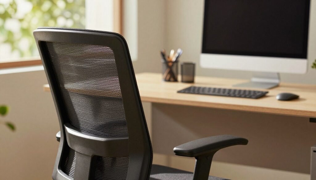 A serene office environment featuring an ergonomic chair designed for computer work, emphasizing ventilation and comfort. In the foreground, a close-up of the chair's breathable mesh backrest, showing intricate designs that promote airflow. In the middle ground, a modern desk setup with a sleek computer and accessories, highlighting the importance of a well-ventilated workspace. The background consists of soft-focus greenery or natural light filtering through a window, creating a calming atmosphere. The lighting is warm and inviting, with a slight reflection on the chair's surface, suggesting durability. The overall mood conveys a professional yet relaxed vibe, perfect for productivity, while staying focused on ergonomic choices and material quality. A serene office environment featuring an ergonomic chair designed for computer work, emphasizing ventilation and comfort. In the foreground, a close-up of the chair's breathable mesh backrest, showing intricate designs that promote airflow. In the middle ground, a modern desk setup with a sleek computer and accessories, highlighting the importance of a well-ventilated workspace. The background consists of soft-focus greenery or natural light filtering through a window, creating a calming atmosphere. The lighting is warm and inviting, with a slight reflection on the chair's surface, suggesting durability. The overall mood conveys a professional yet relaxed vibe, perfect for productivity, while staying focused on ergonomic choices and material quality.