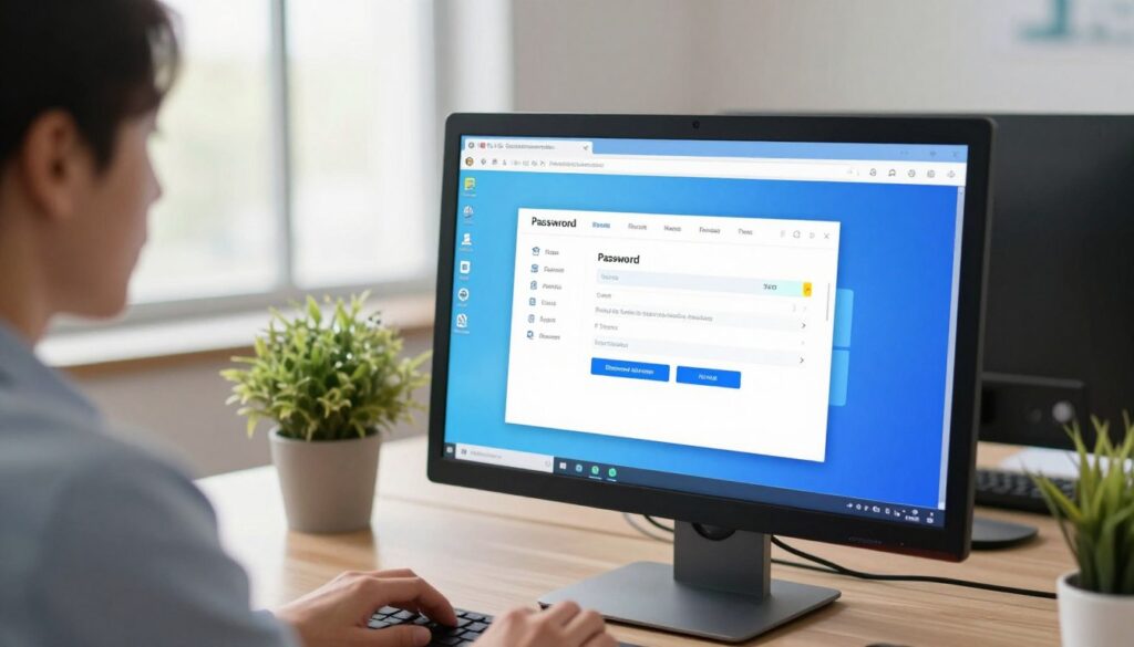 A serene office setting showcasing a computer screen displaying a user-friendly Windows password options interface. In the foreground, a person dressed in professional business attire interacts with the screen, thoughtfully considering their password settings. The middle section highlights the computer desktop, emphasizing clear icons and a vibrant login interface with bright colors. The background features a soft-focus view of a modern office environment, with a potted plant on a desk and a large window allowing natural light to flood in, creating a warm atmosphere. The lighting is bright yet subtle, enhancing the sense of professionalism and focus in the scene. The overall mood is calm and organized, reflecting a modern approach to navigating password settings.