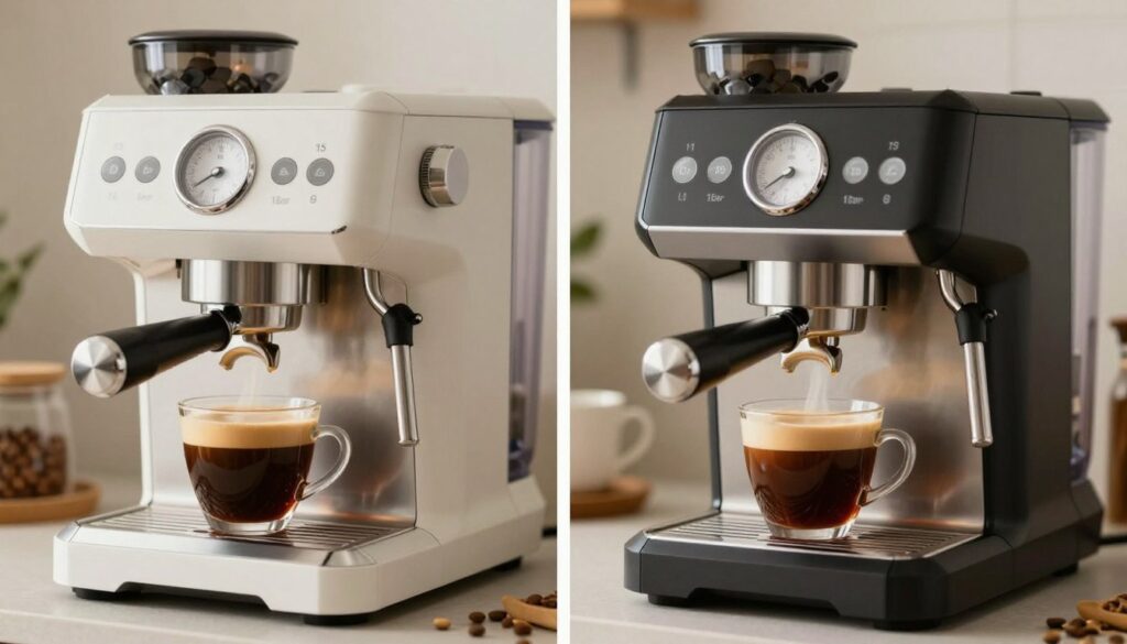 A side-by-side comparison of two coffee machines, one marked as 15 bar and the other as 19 bar, situated on a sleek countertop. In the foreground, each machine features a freshly brewed cup of coffee, showcasing rich crema and vibrant color, emphasizing the differences in aroma and flavor. The middle ground highlights detailed shots of the machines’ controls and design, with steam rising from the cups to enhance the sensory appeal. The background is softly blurred, indicating a cozy home kitchen setting, with warm lighting that creates an inviting atmosphere. The image should evoke curiosity and contrast, capturing the essence of coffee brewing technologies. No text or annotations are present. A side-by-side comparison of two coffee machines, one marked as 15 bar and the other as 19 bar, situated on a sleek countertop. In the foreground, each machine features a freshly brewed cup of coffee, showcasing rich crema and vibrant color, emphasizing the differences in aroma and flavor. The middle ground highlights detailed shots of the machines’ controls and design, with steam rising from the cups to enhance the sensory appeal. The background is softly blurred, indicating a cozy home kitchen setting, with warm lighting that creates an inviting atmosphere. The image should evoke curiosity and contrast, capturing the essence of coffee brewing technologies. No text or annotations are present.