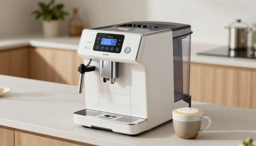 A sleek Siemens EQ.6 plus s.100 coffee machine with a glossy white finish, elegantly placed on a modern kitchen countertop. The foreground showcases the machine's intricate design, featuring a digital display, buttons, and a milk frother, all highlighted by soft, natural lighting. In the middle ground, a stylish coffee mug sits beside the machine, filled with a perfectly frothed cappuccino, enhancing the coffee-making ambiance. The background is a blurred kitchen setting with light wood cabinets and subtle greenery, creating a warm and inviting atmosphere. The scene is captured from a slightly elevated angle, giving a comprehensive view of the machine, emphasizing its functionality and modern aesthetics. A sleek Siemens EQ.6 plus s.100 coffee machine with a glossy white finish, elegantly placed on a modern kitchen countertop. The foreground showcases the machine's intricate design, featuring a digital display, buttons, and a milk frother, all highlighted by soft, natural lighting. In the middle ground, a stylish coffee mug sits beside the machine, filled with a perfectly frothed cappuccino, enhancing the coffee-making ambiance. The background is a blurred kitchen setting with light wood cabinets and subtle greenery, creating a warm and inviting atmosphere. The scene is captured from a slightly elevated angle, giving a comprehensive view of the machine, emphasizing its functionality and modern aesthetics.