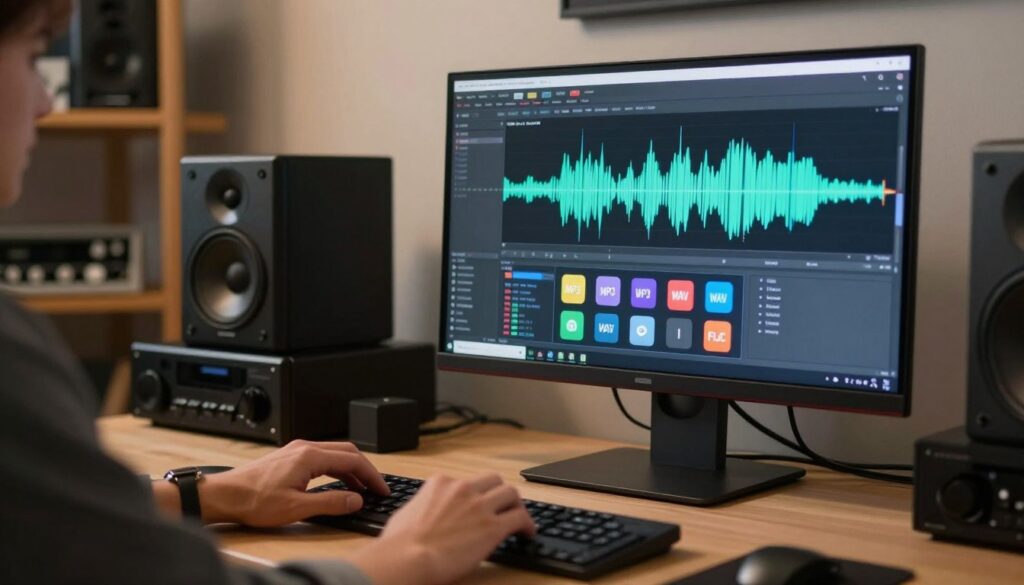 A sleek and modern audio conversion workspace, featuring a computer screen displaying a vibrant audio waveform from a video file being converted. In the foreground, a person's hands are poised over a keyboard, showcasing professional attire. The middle section includes various audio file formats visualized with icons (MP3, WAV, FLAC) alongside a video file, emphasizing the theme of format selection. The background has soft-focus shelves stacked with audio equipment and digital devices, creating an organized digital studio ambiance. A warm, inviting light illuminates the scene, with a depth of field effect that keeps the focus on the conversion process while softly blurring the background. The overall mood is productive and tech-savvy, ideal for an article on audio conversion.