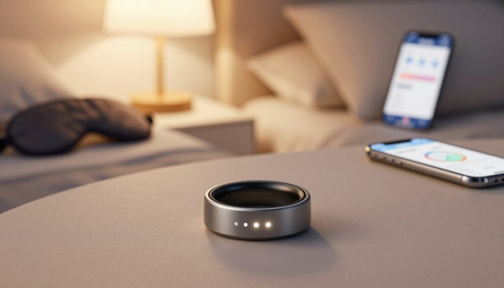 A sleek and modern smart ring designed for monitoring sleep, heart rate, and SpO₂ levels, elegantly displayed on a soft, textured surface. In the foreground, focus on the smart ring with its smooth metallic finish and subtle LED indicators glowing softly to represent active monitoring. The middle layer features a slightly blurred bedside ambiance, with a softly lit bedside table lamp creating a warm, inviting glow. In the background, softly blurred silhouettes of a sleep mask and a smartphone app showing health metrics. The lighting is warm and cozy, evoking a peaceful night atmosphere. The composition is shot from a top-down angle, inviting viewers to engage with the innovative device while emphasizing its functionality and aesthetic appeal. Ensure there are no humans in the image to maintain focus on the product.