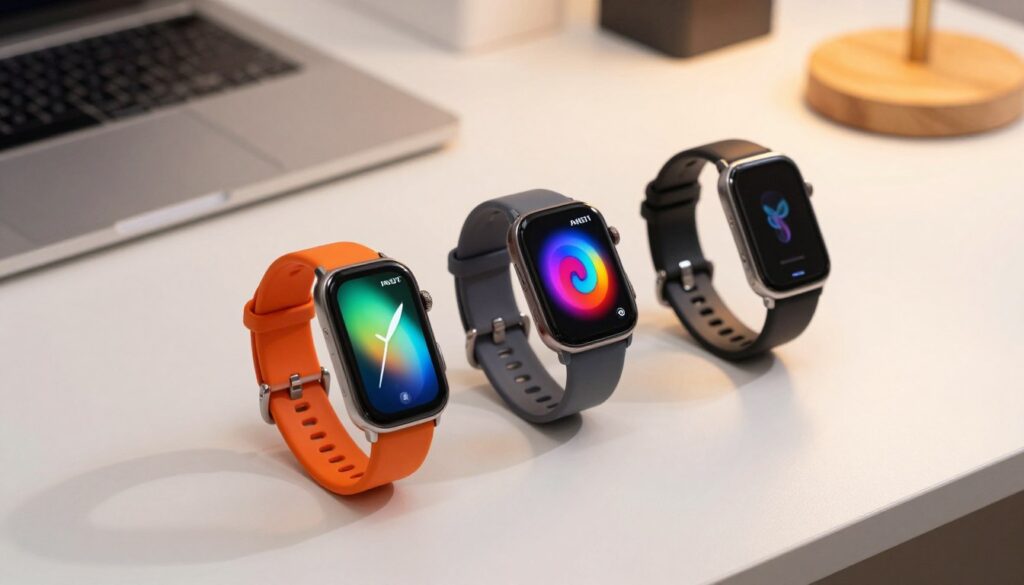A sleek display of three smart bands and universal smartwatch models positioned on a minimalist white desk. In the foreground, the Huawei Band 10 is elegantly angled to showcase its vibrant screen and streamlined design, its sporty strap a vivid contrast. Beside it, the Amazfit Bip 5 flaunts its colorful touch display, while the SmartGrove SG01 features a rugged exterior, all arranged aesthetically. The middle ground captures subtle reflections and shadow play, hinting at a modern, tech-savvy atmosphere. In the blurred background, soft ambient lighting creates a warm and inviting mood, enhancing the focus on the smart devices. The image is photographed from a slight overhead angle, emphasizing the sleek profiles of the watches, inviting viewers to appreciate their unique features. A sleek display of three smart bands and universal smartwatch models positioned on a minimalist white desk. In the foreground, the Huawei Band 10 is elegantly angled to showcase its vibrant screen and streamlined design, its sporty strap a vivid contrast. Beside it, the Amazfit Bip 5 flaunts its colorful touch display, while the SmartGrove SG01 features a rugged exterior, all arranged aesthetically. The middle ground captures subtle reflections and shadow play, hinting at a modern, tech-savvy atmosphere. In the blurred background, soft ambient lighting creates a warm and inviting mood, enhancing the focus on the smart devices. The image is photographed from a slight overhead angle, emphasizing the sleek profiles of the watches, inviting viewers to appreciate their unique features.