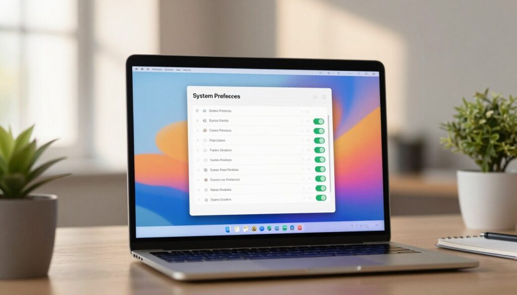 A sleek macOS interface displayed on a modern laptop screen, highlighting the "System Preferences" window. In the foreground, the screen shows a clear view of the date and time settings, with vibrant colors and crisp details. The background features a stylish office environment, with minimalistic decor and soft-focus items like a potted plant and a notepad, creating a peaceful atmosphere. Warm, natural light filters through a window, casting gentle shadows. The lens captures the scene with a slight depth-of-field, emphasizing the laptop while softly blurring the background. The overall mood is calm and professional, ideal for illustrating the process of changing the date in macOS system preferences. A sleek macOS interface displayed on a modern laptop screen, highlighting the "System Preferences" window. In the foreground, the screen shows a clear view of the date and time settings, with vibrant colors and crisp details. The background features a stylish office environment, with minimalistic decor and soft-focus items like a potted plant and a notepad, creating a peaceful atmosphere. Warm, natural light filters through a window, casting gentle shadows. The lens captures the scene with a slight depth-of-field, emphasizing the laptop while softly blurring the background. The overall mood is calm and professional, ideal for illustrating the process of changing the date in macOS system preferences.