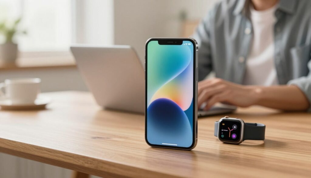 A sleek, modern iPhone placed prominently in the foreground, showcasing its elegant design and vibrant screen displaying the Apple Watch pairing interface. Next to the iPhone, an Apple Watch lies on a minimalist wooden table, its display also activated, reflecting an engaging user interface. The middle ground shows a blurred background of a cozy, well-lit room with soft natural light filtering through a window, creating a warm and inviting atmosphere. A professional individual in modest casual attire is seen in the background, interacting with the devices, exuding a sense of ease and competence. The scene is captured from a slightly elevated angle, using a shallow depth of field to emphasize the iPhone and Apple Watch while gently blurring the surroundings, enhancing focus on the pairing process.