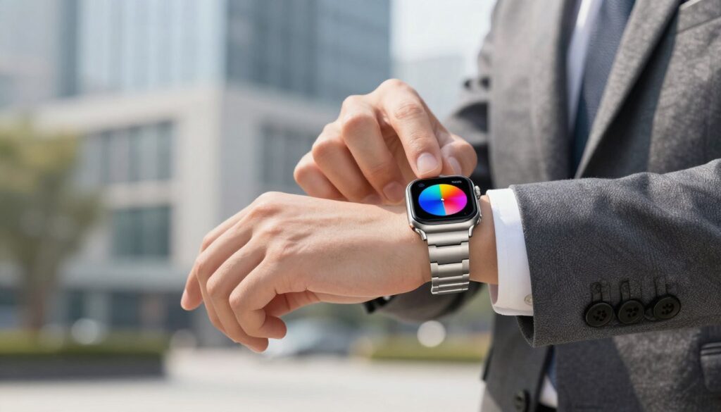 A sleek, modern smartwatch with a stylish metallic bracelet, featuring a vibrant display. In the foreground, the watch is presented prominently, showcasing its sophisticated design with a mix of digital and classic elements. The middle ground includes a blurred hand reaching to interact with the watch, wearing a tailored business suit, emphasizing a professional atmosphere. The background features a soft-focus urban environment with contemporary architecture, hinting at a cosmopolitan lifestyle. The lighting is bright and airy, accentuating the watch’s reflective surfaces, while a slight bokeh effect adds depth. The overall mood is elegant and aspirational, aimed at conveying innovation and luxury in technology.