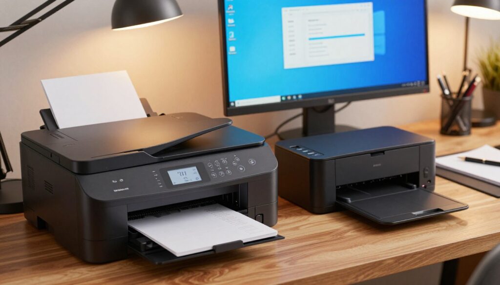A sleek, modern workspace featuring a high-quality printer and a multifunction scanner on a wooden desk. The foreground includes the printer, with detailed controls and a glossy finish, and the scanner beside it, showcasing its flatbed design. In the middle, there is a computer monitor displaying the Windows interface with an installation progress bar, hinting at the process of adding a printer. The background features warm, soft lighting from a desk lamp, creating a cozy atmosphere, and a few office supplies like paper and pens are scattered on the desk. The image composition should be clean and professional, emphasizing technology and a functional work environment, captured from a slight overhead angle to include all elements harmoniously.