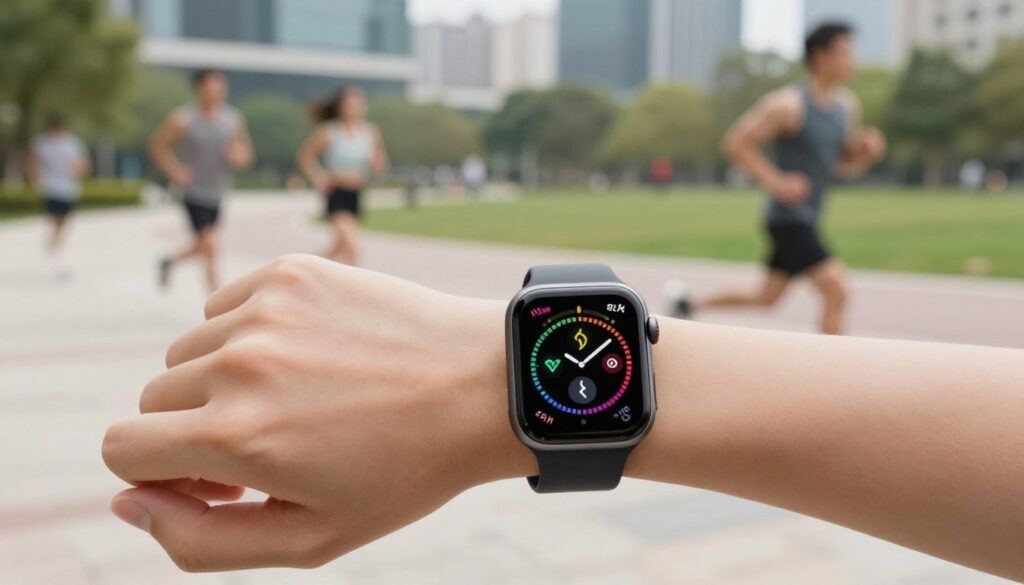 A smartwatch displaying health monitoring features, such as heart rate, step tracking, and sleep analysis, on its vibrant touchscreen. The foreground features a hand wearing the smartwatch, showcasing its sleek design with a colorful fitness interface. In the middle, a blurred but clear background of a modern urban environment with people jogging and exercising in a park, emphasizing active lifestyles. Soft, natural lighting highlights the scene, creating an uplifting atmosphere. The image captures various health metrics visually represented in a dynamic and engaging way, reflecting the importance and practicality of smartwatches in everyday life. The angle is slightly elevated, providing a clear view of both the smartwatch and the surrounding activity.