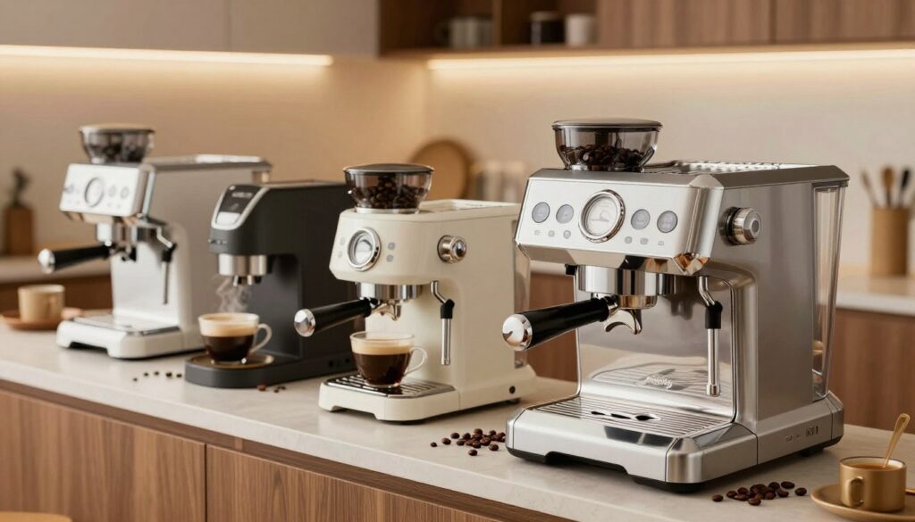 A stylish coffee machine selection display in a modern kitchen, showcasing a variety of espresso machines that cater to different user preferences. In the foreground, a sleek, high-end espresso machine with shiny chrome accents stands prominently, surrounded by fresh coffee beans and a steaming cup of espresso. In the middle, a well-organized arrangement of other machines, including a compact model for casual drinkers and a programmable model for coffee aficionados, all elegantly designed. The background features warm, inviting kitchen decor with soft lighting, highlighting a cozy atmosphere. The mood is centered on comfort and choice, emphasizing the importance of matching the espresso machine to individual coffee-drinking styles. The angle is slightly elevated to capture the entire ensemble with an inviting depth. A stylish coffee machine selection display in a modern kitchen, showcasing a variety of espresso machines that cater to different user preferences. In the foreground, a sleek, high-end espresso machine with shiny chrome accents stands prominently, surrounded by fresh coffee beans and a steaming cup of espresso. In the middle, a well-organized arrangement of other machines, including a compact model for casual drinkers and a programmable model for coffee aficionados, all elegantly designed. The background features warm, inviting kitchen decor with soft lighting, highlighting a cozy atmosphere. The mood is centered on comfort and choice, emphasizing the importance of matching the espresso machine to individual coffee-drinking styles. The angle is slightly elevated to capture the entire ensemble with an inviting depth.