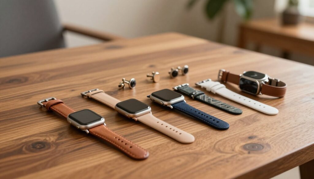 A stylish flat lay composition showcasing various smartwatch straps laid out on a wooden table. In the foreground, feature a selection of straps made from leather, silicone, and fabric, each in different colors and textures to illustrate choices for different styles and occasions. In the middle, include subtle hints of accessories like cufflinks and a wristwatch to enhance the theme of style matching. The background should softly blur hints of a cozy living space, like a chair and a decorative plant, adding warmth to the atmosphere. Illuminate the scene with warm, natural light to create a welcoming ambiance. Aim for an elegant and sophisticated mood, emphasizing the importance of choosing the right strap to complement personal style.