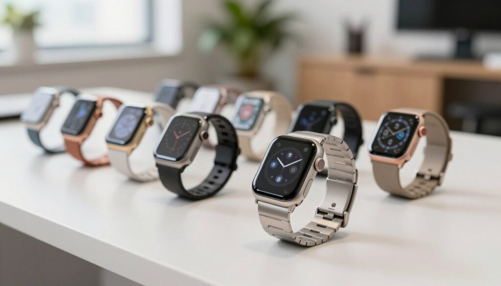 A stylish scene showcasing a modern smartwatch with a sleek metal bracelet prominently displayed in the foreground, illuminated by soft, natural light to highlight its elegant design. The smartwatch features a minimalist face with digital icons, set against a smooth, reflective surface that adds depth. In the middle ground, a neatly arranged selection of similar smartwatches with different designs and colors captures attention, demonstrating variety. The background features a soft-focus office environment with elegant furniture and greenery, suggesting a professional setting. The overall mood is sophisticated and modern, appealing to individuals considering a smartwatch purchase. Opt for a slightly overhead angle to capture all elements clearly, ensuring the image feels inviting and informative.