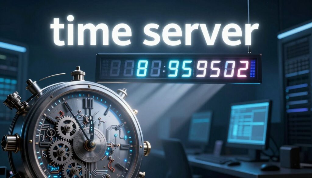 A surreal depiction of a "time server," illustrating the concept of time and date manipulation. In the foreground, an elaborate metal clock with intricate gears and glowing circuitry, symbolizing technological control over time. The middle layer features a digital display with shifting numbers and dates, showcasing instability. In the background, a dark, atmospheric setting with softly blurred silhouettes of modern computers and servers, under a cool blue and silver color palette. Gentle beams of light highlight the clock and display, creating a sense of urgency and motion. The mood is dramatic yet mysterious, emphasizing the themes of technology, time management, and the challenges of date adjustments in computer systems. A surreal depiction of a "time server," illustrating the concept of time and date manipulation. In the foreground, an elaborate metal clock with intricate gears and glowing circuitry, symbolizing technological control over time. The middle layer features a digital display with shifting numbers and dates, showcasing instability. In the background, a dark, atmospheric setting with softly blurred silhouettes of modern computers and servers, under a cool blue and silver color palette. Gentle beams of light highlight the clock and display, creating a sense of urgency and motion. The mood is dramatic yet mysterious, emphasizing the themes of technology, time management, and the challenges of date adjustments in computer systems.