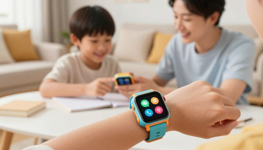 A vibrant illustration of a child's smartwatch showcasing communication features in a safe environment. In the foreground, a close-up of a colorful smartwatch on a young child's wrist, displaying vivid icons for messages and calls without any internet symbols. The middle section reveals the child—dressed in a modest casual outfit—sitting at a table, happily interacting with the smartwatch while looking at a parent nearby. In the background, a cozy living room scene with soft lighting, warm colors, and family-oriented decorations to enhance a feeling of security and trust. The overall mood is cheerful and safe, emphasizing communication and connection without internet risks. Use a soft-focus angle to highlight the smartwatch prominently. A vibrant illustration of a child's smartwatch showcasing communication features in a safe environment. In the foreground, a close-up of a colorful smartwatch on a young child's wrist, displaying vivid icons for messages and calls without any internet symbols. The middle section reveals the child—dressed in a modest casual outfit—sitting at a table, happily interacting with the smartwatch while looking at a parent nearby. In the background, a cozy living room scene with soft lighting, warm colors, and family-oriented decorations to enhance a feeling of security and trust. The overall mood is cheerful and safe, emphasizing communication and connection without internet risks. Use a soft-focus angle to highlight the smartwatch prominently.