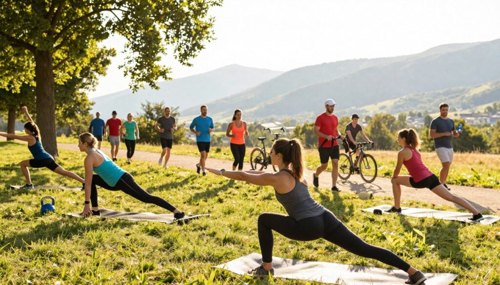 A vibrant outdoor training scene showcasing a diverse group of men and women engaged in various fitness activities on a sunny day. In the foreground, a focused woman wearing a fitness smartwatch demonstrates yoga poses on a grassy field, surrounded by fellow outdoor enthusiasts. The middle ground captures individuals jogging along a scenic trail, while others are cycling or using fitness equipment like resistance bands and kettlebells. The background features a panoramic vista of mountains and trees, illuminated by warm sunlight filtering through the leaves, enhancing the energetic mood. Use a wide-angle lens to capture the dynamic atmosphere and the sense of community among the participants, highlighting their determination and focus on health and fitness.