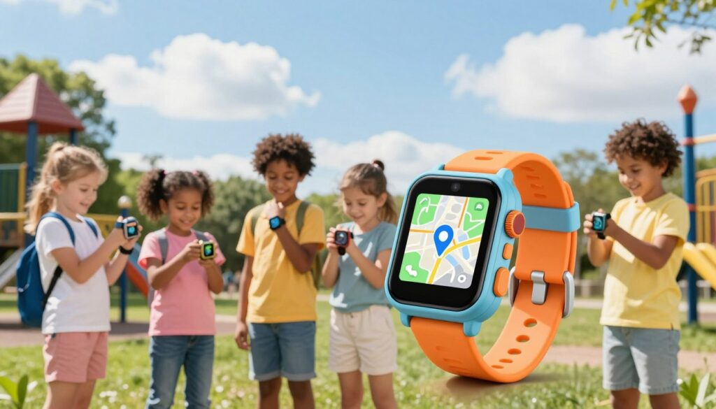 A vibrant scene showcasing a smartwatch designed for kids, prominently displayed in the foreground. The smartwatch should be colorful and playful, with a well-defined screen showing a map and location pin icon, indicating its GPS tracking feature. In the middle ground, a diverse group of happy children aged 8-10 are interacting with their smartwatches, wearing casual, cheerful clothing. They are playing in a sunny park with trees and playground equipment around them, enhancing the feeling of outdoor adventure and safety. The background features a clear blue sky with soft, fluffy clouds, creating a serene atmosphere. The lighting is bright and cheerful, capturing the joy and excitement of children using technology for safety and exploration.
