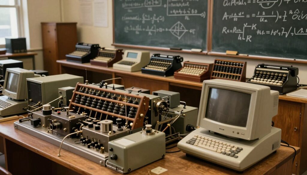 A vintage computer laboratory scene featuring a historical computer prototype in the foreground, showcasing intricate mechanical components and vintage electronics. The middle ground reveals shelves filled with old calculating machines, such as abacuses and early mechanical calculators, symbolizing the evolution of computation. In the background, there are chalkboards covered with mathematical equations and diagrams illustrating the theory behind computing. The lighting is warm and soft, simulating the ambiance of a classic academic environment, with shadows adding depth. The angle is slightly elevated, giving a comprehensive view of the room, allowing the viewer to appreciate both the historical significance and the complex beauty of these early machines. The atmosphere is nostalgic and contemplative, inviting reflection on the journey from simple counting devices to the modern concept of computers. A vintage computer laboratory scene featuring a historical computer prototype in the foreground, showcasing intricate mechanical components and vintage electronics. The middle ground reveals shelves filled with old calculating machines, such as abacuses and early mechanical calculators, symbolizing the evolution of computation. In the background, there are chalkboards covered with mathematical equations and diagrams illustrating the theory behind computing. The lighting is warm and soft, simulating the ambiance of a classic academic environment, with shadows adding depth. The angle is slightly elevated, giving a comprehensive view of the room, allowing the viewer to appreciate both the historical significance and the complex beauty of these early machines. The atmosphere is nostalgic and contemplative, inviting reflection on the journey from simple counting devices to the modern concept of computers.
