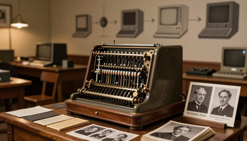 A vintage computer setup as seen in the early days of computing, prominently featuring the first programmable machine, the Z3, with its intricate, mechanical components and punch card technology. In the foreground, display various historical elements like punch cards, early black-and-white photographs of pioneers like Konrad Zuse and Alan Turing. The middle ground showcases a nostalgic workspace with wooden tables and dim, warm lighting to evoke a sense of history. The background features an abstract representation of evolving computing technology over time, with faint silhouettes of later computer designs blending into the shadows. The atmosphere should be rich in historical significance and innovation, suggesting both the challenges and triumphs in the journey of computer invention. A vintage computer setup as seen in the early days of computing, prominently featuring the first programmable machine, the Z3, with its intricate, mechanical components and punch card technology. In the foreground, display various historical elements like punch cards, early black-and-white photographs of pioneers like Konrad Zuse and Alan Turing. The middle ground showcases a nostalgic workspace with wooden tables and dim, warm lighting to evoke a sense of history. The background features an abstract representation of evolving computing technology over time, with faint silhouettes of later computer designs blending into the shadows. The atmosphere should be rich in historical significance and innovation, suggesting both the challenges and triumphs in the journey of computer invention.