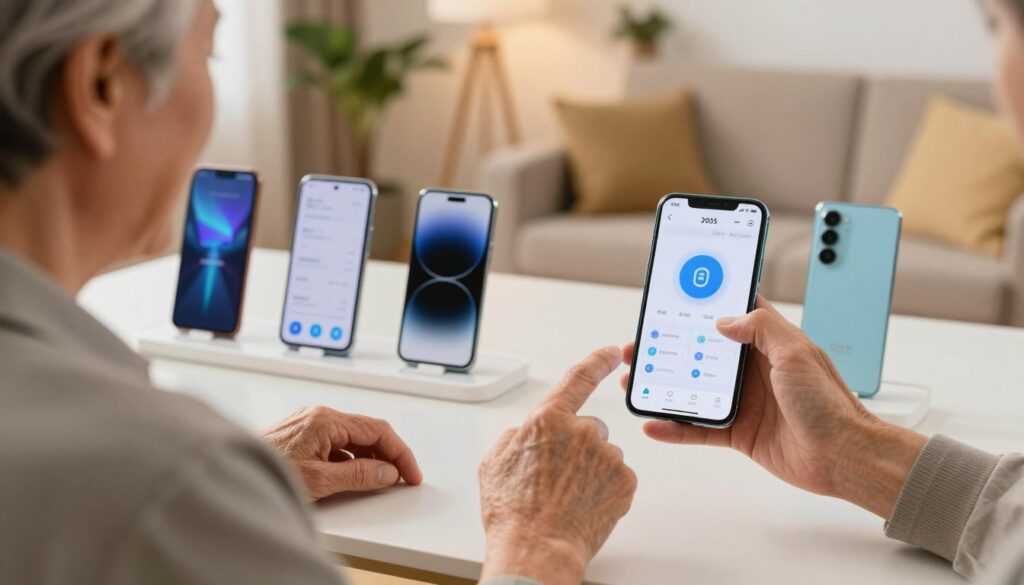 A warm, inviting scene featuring a hands-on demonstration of recommended smartphones for seniors in 2025. In the foreground, an older adult, dressed in modest casual clothing, is engaged with a large, easy-to-read smartphone, showcasing its user-friendly interface. In the middle, a well-lit table displays various smartphone models tailored for seniors, distinguished by large icons and simplified menus. Ensure the phones are sleek and visually appealing, highlighting features like accessibility options and large screens. The background includes a cozy living room setting with soft lighting, plants, and shelves with books, creating an atmosphere of comfort and approachability. The composition should convey technology's role in enhancing the lives of seniors, filled with warmth and positivity.