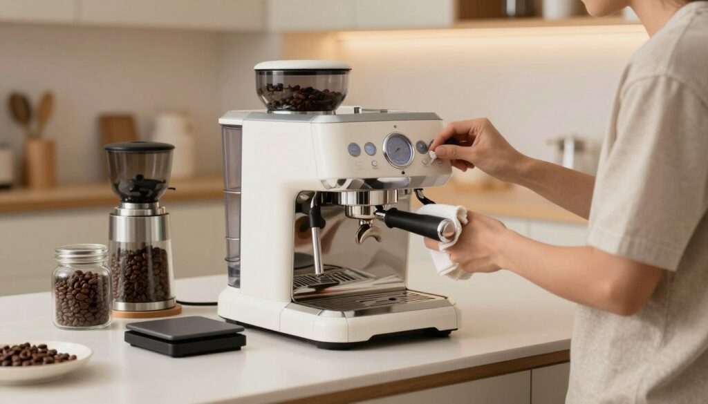 A well-lit kitchen scene featuring a modern espresso machine on a clean countertop. In the foreground, a person in modest casual clothing, focused on cleaning the espresso machine with a soft cloth and a specialized cleaning tool. The middle layer includes various coffee accessories such as a grinder, coffee beans, and a brewing scale, organized neatly around the espresso machine. The background shows a stylish kitchen with light-colored cabinets and warm, inviting lighting, suggesting a homey atmosphere. The image should convey a sense of care and attention to detail, reflecting the meticulous process of maintaining a coffee machine for longevity and optimal performance. A well-lit kitchen scene featuring a modern espresso machine on a clean countertop. In the foreground, a person in modest casual clothing, focused on cleaning the espresso machine with a soft cloth and a specialized cleaning tool. The middle layer includes various coffee accessories such as a grinder, coffee beans, and a brewing scale, organized neatly around the espresso machine. The background shows a stylish kitchen with light-colored cabinets and warm, inviting lighting, suggesting a homey atmosphere. The image should convey a sense of care and attention to detail, reflecting the meticulous process of maintaining a coffee machine for longevity and optimal performance.