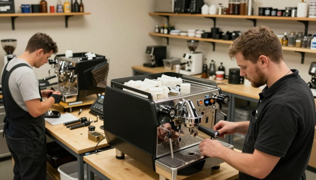 A well-organized espresso machine service center, featuring technicians in professional attire, actively working on high-end coffee machines. In the foreground, a technician is carefully inspecting an espresso machine, using specialized tools. The middle ground showcases a variety of espresso machines on repair benches, detailed with technical components and parts. The background features shelves stocked with coffee accessories and equipment, creating a workshop atmosphere. Soft, warm lighting illuminates the workspace, enhancing the inviting mood while maintaining a professional vibe. Shot from a slightly elevated angle, capturing the bustling activity and professionalism of the service environment, focusing on quality and attention to detail in espresso machine repairs. A well-organized espresso machine service center, featuring technicians in professional attire, actively working on high-end coffee machines. In the foreground, a technician is carefully inspecting an espresso machine, using specialized tools. The middle ground showcases a variety of espresso machines on repair benches, detailed with technical components and parts. The background features shelves stocked with coffee accessories and equipment, creating a workshop atmosphere. Soft, warm lighting illuminates the workspace, enhancing the inviting mood while maintaining a professional vibe. Shot from a slightly elevated angle, capturing the bustling activity and professionalism of the service environment, focusing on quality and attention to detail in espresso machine repairs.