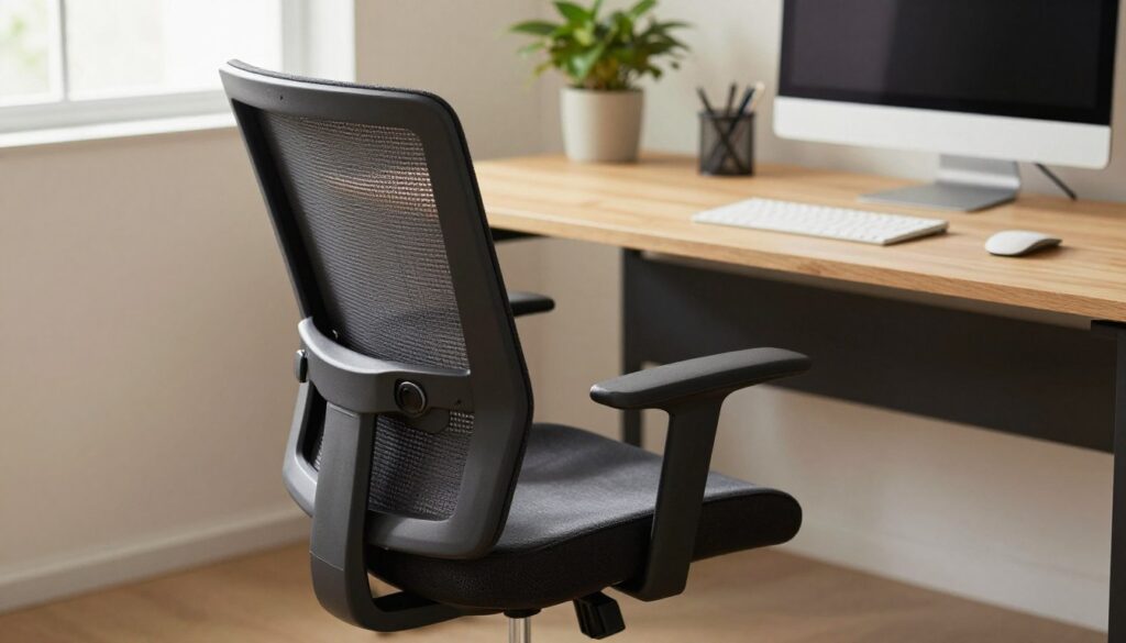 An ergonomic computer chair designed for optimal back support, showcasing adjustable lumbar support and a breathable mesh back. The chair is positioned prominently in the foreground, with smooth, sleek lines and a modern aesthetic. In the middle ground, there’s a minimalist office setup featuring a wooden desk, a computer monitor, and a notepad, all bathed in soft, natural lighting from a nearby window. The background includes a tastefully arranged indoor plant, adding a touch of greenery to the workspace ambiance. The overall mood is professional and inviting, emphasizing comfort and health. The image is captured from a slightly elevated angle, highlighting the chair's features and the organized workspace. An ergonomic computer chair designed for optimal back support, showcasing adjustable lumbar support and a breathable mesh back. The chair is positioned prominently in the foreground, with smooth, sleek lines and a modern aesthetic. In the middle ground, there’s a minimalist office setup featuring a wooden desk, a computer monitor, and a notepad, all bathed in soft, natural lighting from a nearby window. The background includes a tastefully arranged indoor plant, adding a touch of greenery to the workspace ambiance. The overall mood is professional and inviting, emphasizing comfort and health. The image is captured from a slightly elevated angle, highlighting the chair's features and the organized workspace.