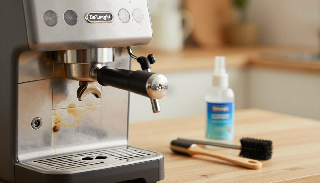 An insightful depiction illustrating the common causes of a De'Longhi coffee machine malfunction. In the foreground, show a close-up of a partially disassembled coffee machine, with highlighted areas indicating blockages and clogs, like the water reservoir and coffee outlet. In the middle ground, place various small troubleshooting tools, like a brush and a water descaler, arranged neatly. The background features a blurred kitchen setting, warm lighting creating a cozy atmosphere. Use a soft focus to emphasize the coffee machine while maintaining careful attention to detail in the foreground. The image should evoke a sense of clarity and professionalism, aimed at educating users on troubleshooting their coffee machines effectively.