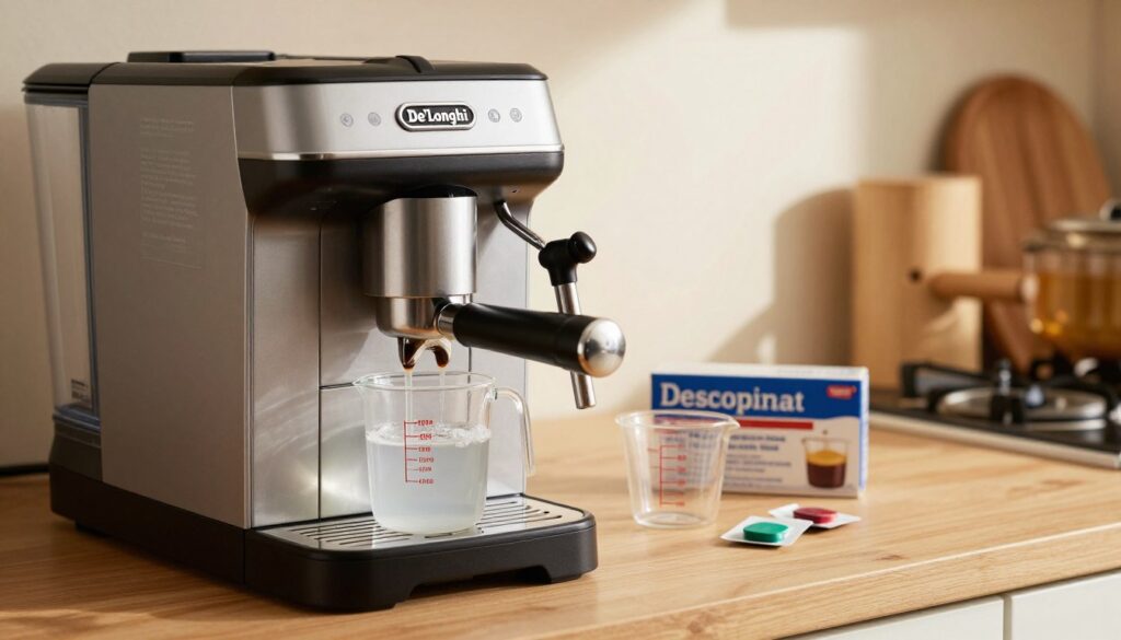 In a well-lit kitchen, a De'Longhi coffee machine is prominently displayed on a countertop, surrounded by clear instructions and tools for the descaling process. The foreground features a close-up of the coffee machine's water reservoir being filled with a descaling solution, emphasizing purity and cleanliness. In the middle ground, various tools like a measuring cup and a descaling tablet box are neatly arranged, suggesting an organized approach to the process. The background shows a warm, inviting kitchen setting with soft lighting that casts gentle shadows, creating a calm atmosphere. The scene captures the meticulous and automated nature of descaling a coffee machine, invoking a sense of care and meticulousness in coffee preparation.