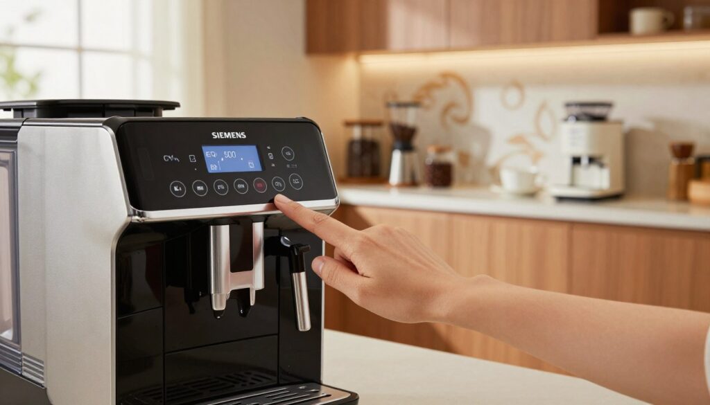 A Siemens EQ.500 coffee machine reset process depicted in a modern kitchen setting. Foreground: a close-up of the coffee machine's control panel with a hand pressing the reset button, showcasing detailed buttons and LED indicators. Middle: a stylish kitchen counter featuring a clean, organized space with coffee accessories like beans, a grinder, and a cup. Background: a softly lit kitchen with warm tones, showing cabinets and an elegant backsplash, creating a cozy atmosphere. The scene is well-lit with soft daylight coming through a window, adding a touch of warmth. Ensure the focus is sharp on the coffee machine and hand, while the background remains slightly blurred to emphasize the reset process. No people in the image; instead, the focus is solely on the coffee machine and its surrounding elements. A Siemens EQ.500 coffee machine reset process depicted in a modern kitchen setting. Foreground: a close-up of the coffee machine's control panel with a hand pressing the reset button, showcasing detailed buttons and LED indicators. Middle: a stylish kitchen counter featuring a clean, organized space with coffee accessories like beans, a grinder, and a cup. Background: a softly lit kitchen with warm tones, showing cabinets and an elegant backsplash, creating a cozy atmosphere. The scene is well-lit with soft daylight coming through a window, adding a touch of warmth. Ensure the focus is sharp on the coffee machine and hand, while the background remains slightly blurred to emphasize the reset process. No people in the image; instead, the focus is solely on the coffee machine and its surrounding elements.