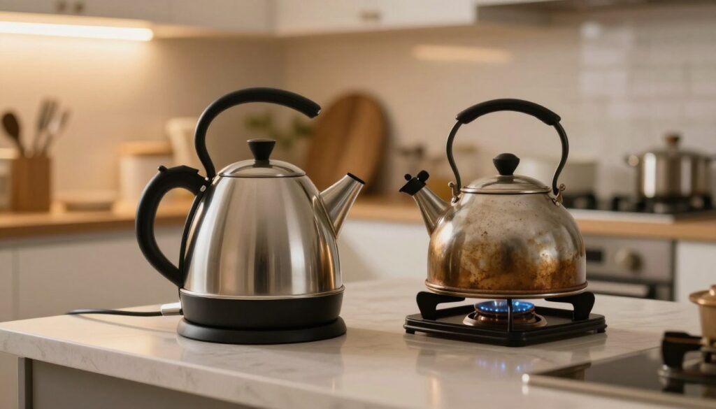A beautifully designed electric kettle and a traditional stovetop kettle placed on a modern kitchen countertop. In the foreground, the electric kettle is sleek and metallic, reflecting light with a soft shimmer, while the gas kettle is vintage-style, with a charming whistle and a patina finish. The background showcases a well-organized kitchen with warm, ambient lighting that highlights the kettles, creating a cozy and inviting atmosphere. Use a shallow depth of field to focus on the kettles, while softly blurring the kitchen cabinets and utensils behind them. Capture the image from a slightly elevated angle, giving a clear view of both kettles and their unique features, emphasizing their differences. Aim for a warm and informative mood, perfect for illustrating a choice between modern and traditional appliances.