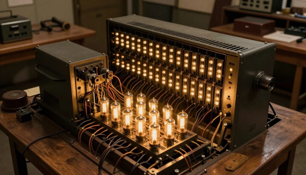 A beautifully detailed view of an ENIAC lamp, the centerpiece of the first electronic computer. In the foreground, the lamp illuminates intricately wired circuits and glowing vacuum tubes, showcasing warm, soft yellow light that casts gentle shadows. The middle layer features the large, imposing ENIAC machine with its array of blinking lights and heavy metal components, emphasizing its retro engineering. The background includes a dimly lit room, with sturdy wooden tables and old-fashioned tools scattered around, creating a historical atmosphere. The angle is slightly from above, allowing a clear view of the lamp's glow while encompassing the sheer size and mechanical complexity of the ENIAC. The overall mood is nostalgic and educational, reflecting a bygone era of innovation. A beautifully detailed view of an ENIAC lamp, the centerpiece of the first electronic computer. In the foreground, the lamp illuminates intricately wired circuits and glowing vacuum tubes, showcasing warm, soft yellow light that casts gentle shadows. The middle layer features the large, imposing ENIAC machine with its array of blinking lights and heavy metal components, emphasizing its retro engineering. The background includes a dimly lit room, with sturdy wooden tables and old-fashioned tools scattered around, creating a historical atmosphere. The angle is slightly from above, allowing a clear view of the lamp's glow while encompassing the sheer size and mechanical complexity of the ENIAC. The overall mood is nostalgic and educational, reflecting a bygone era of innovation.