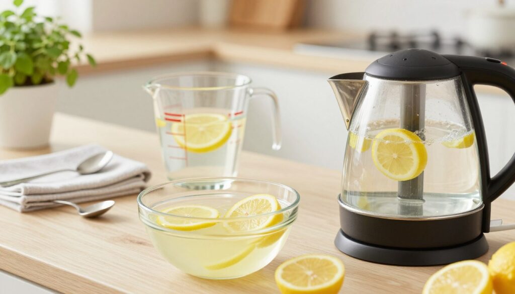 A bright and clean kitchen countertop featuring a bowl of citric acid (kwasek cytrynowy) and freshly cut lemon slices. In the foreground, a shiny electric kettle is partially filled with water, demonstrating a cleaning process with the lemon and citric acid in focus. The middle layer showcases a clear glass measuring cup filled with water and lemon juice, while small utensils like a spoon and towel are neatly arranged nearby. The background includes softly blurred kitchen elements, such as an herb plant and light-colored cabinets. The lighting is natural, with warm tones to evoke a sense of cleanliness and freshness. The atmosphere is inviting and serene, emphasizing an effective and safe cleaning method.