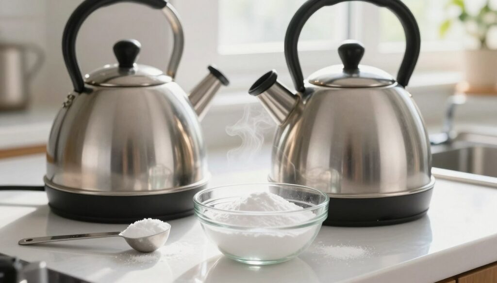 A bright and inviting kitchen scene, focusing on a stainless steel kettle placed on a clean, white countertop. In the foreground, a clear bowl filled with white baking soda sits next to the kettle, alongside a measuring spoon. The middle ground features a kettle partially filled with water, steam gently rising, indicating it is in the process of being cleaned. The background showcases soft, natural light filtering through a window, illuminating the space and creating a warm atmosphere. The overall mood is fresh and clean, with subtle reflections on the kettle's surface that highlight its polished finish. Emphasize the safe and natural cleaning aspect of baking soda, without any people present.