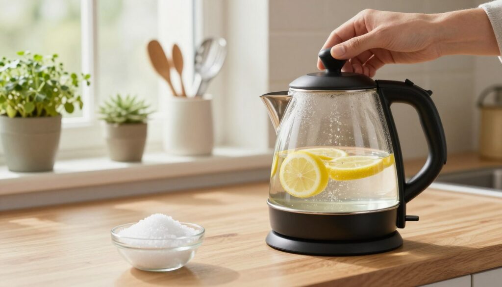 A bright, inviting kitchen scene showcasing the process of descaling a kettle with citric acid. In the foreground, a modern electric kettle, partially filled with water and lemon slices, sits on a wooden countertop alongside a small bowl of white citric acid crystals. The kettle should have a shiny finish that reflects light, suggesting cleanliness. In the middle ground, a hand in a modestly clad arm is pouring the citric acid into the kettle, demonstrating the action of descaling. In the background, soft, natural light filters through a window, illuminating potted herbs and kitchen utensils, creating a warm and educational atmosphere. Focus should be on clarity and the instructional aspect of the descaling process, without any distractions.