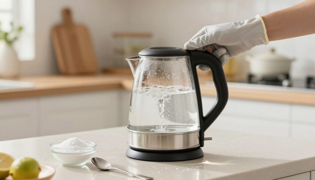 A bright, well-lit kitchen setting focusing on a sleek electric kettle partially filled with water, sitting on a countertop. The kettle is surrounded by small bowls containing citric acid and baking soda, indicating alternative descaling methods. In the foreground, a spoon is placed beside the citric acid, with a sparkling clean surface reflecting natural light to emphasize cleanliness. In the middle, a hand wearing a modest, casual glove is pouring the citric acid into the kettle, demonstrating the process. In the background, soft-focus shelves display kitchen essentials, creating a warm and inviting home atmosphere. The overall mood is fresh and clean, conveying the effectiveness of using citric acid for descaling. The image employs bright, natural lighting to enhance visibility and clarity.