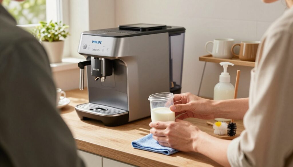 A brightly lit, modern kitchen setting showcasing the meticulous cleaning process of a Philips LatteGo milk system. In the foreground, a person dressed in smart casual clothing is carefully disassembling the LatteGo milk container and steam wand, surrounded by cleaning supplies like a soft cloth and a cleaning brush. The middle includes a sleek Philips coffee machine on a countertop, glistening under natural sunlight streaming through a window. In the background, neatly arranged coffee mugs and a plant add a cozy touch, creating an inviting atmosphere. The overall mood is professional and clean, emphasizing the importance of maintenance and care for coffee equipment with warm, inviting colors. A brightly lit, modern kitchen setting showcasing the meticulous cleaning process of a Philips LatteGo milk system. In the foreground, a person dressed in smart casual clothing is carefully disassembling the LatteGo milk container and steam wand, surrounded by cleaning supplies like a soft cloth and a cleaning brush. The middle includes a sleek Philips coffee machine on a countertop, glistening under natural sunlight streaming through a window. In the background, neatly arranged coffee mugs and a plant add a cozy touch, creating an inviting atmosphere. The overall mood is professional and clean, emphasizing the importance of maintenance and care for coffee equipment with warm, inviting colors.